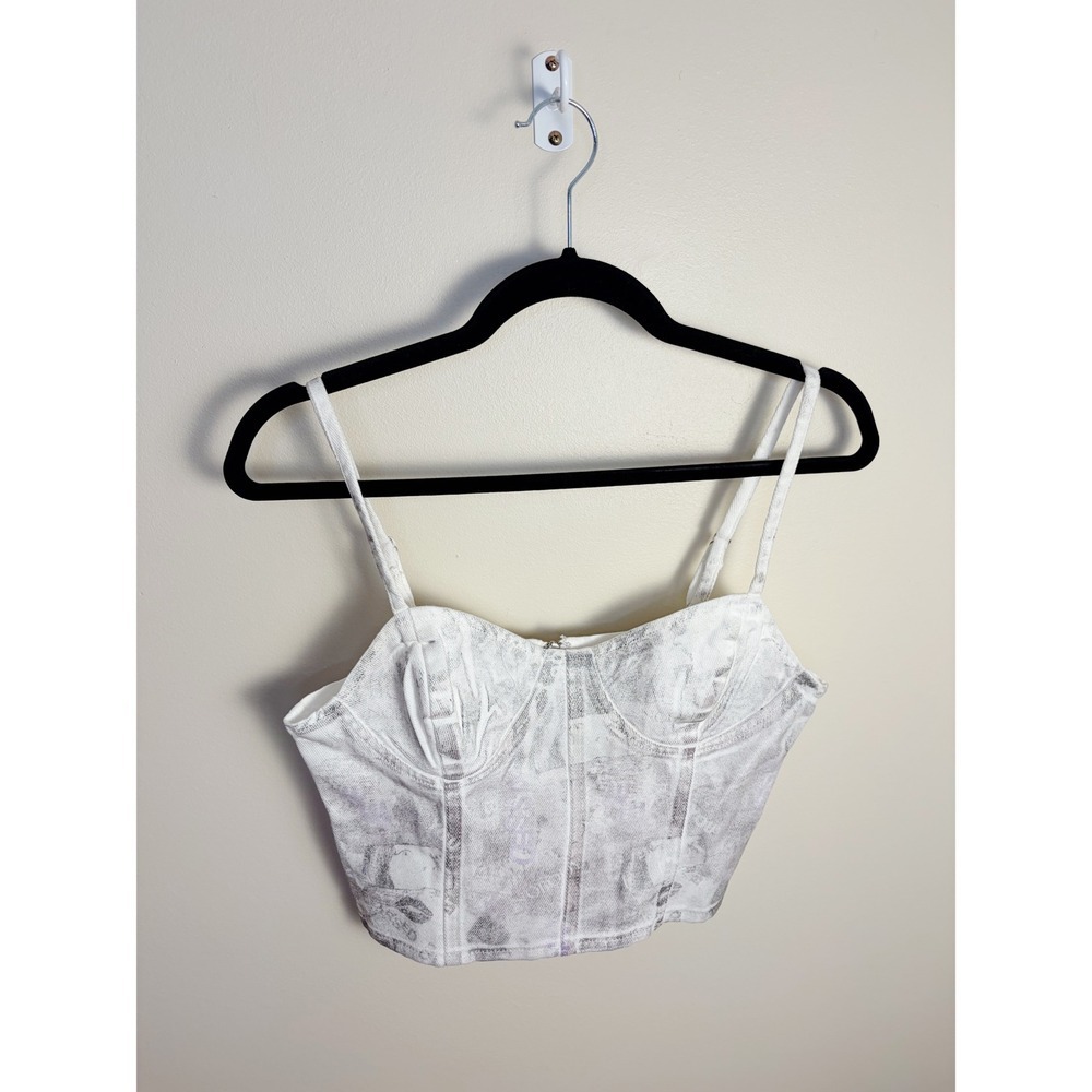 Forever 21 Bustier Top Womens Small White Newsprint Corset Crop Top Zipper Back - Picture 2 of 8
